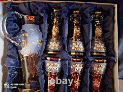 Czech bohemia crystal glass Water, wine blue set decorated gold
