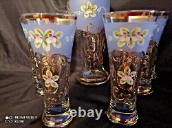 Czech bohemia crystal glass Water, wine blue set decorated gold