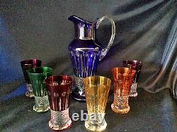 Czech crystal cut glass water, bier, wine set 6+1 multicolor II