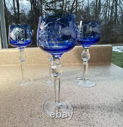 E1390 Vintage Set of 4 Bohemian Cut to Clear Royal Cobalt Blue Hock Wine Glasse