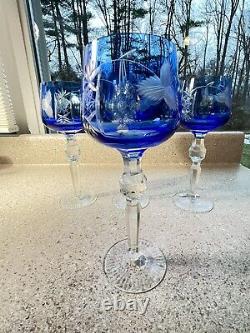 E1390 Vintage Set of 4 Bohemian Cut to Clear Royal Cobalt Blue Hock Wine Glasse