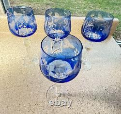 E1390 Vintage Set of 4 Bohemian Cut to Clear Royal Cobalt Blue Hock Wine Glasse