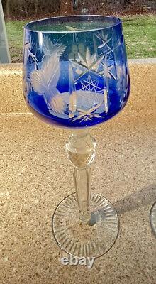 E1390 Vintage Set of 4 Bohemian Cut to Clear Royal Cobalt Blue Hock Wine Glasse