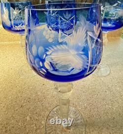 E1390 Vintage Set of 4 Bohemian Cut to Clear Royal Cobalt Blue Hock Wine Glasse