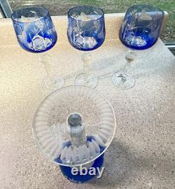 E1390 Vintage Set of 4 Bohemian Cut to Clear Royal Cobalt Blue Hock Wine Glasse