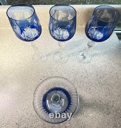 E1390 Vintage Set of 4 Bohemian Cut to Clear Royal Cobalt Blue Hock Wine Glasse