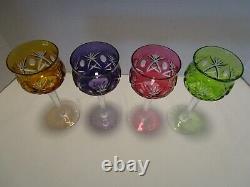 Elegant Bohemian Czech Crystal Cut-To-Clear 4 multi color Goblets set wine 8 Oz