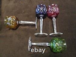 Elegant Bohemian Czech Crystal Cut-To-Clear 4 multi color Goblets set wine 8 Oz