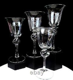 Elegant Hand Blown Crystal Panel Optic Ball Stem 4 Pc 8 Wine Glasses 1920-1950