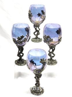 FELLOWSHIP FOUNDRY Crystal And Pewter Grapevine Wine Glass NEAR MINT Set Of 4
