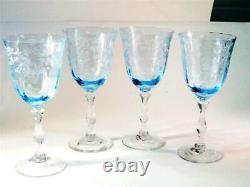 FOSTORIA Crystal 4 Large Navarre Blue Large Claret Wine Glasses 6 1/2 Mint