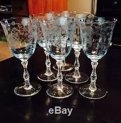 FOSTORIA NAVARRE BLUE CRYSTAL ETCHED WATER GOBLETS & WINE GLASSES! (6 of each!)