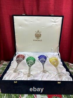 Faberge Multicolored Crystal Wine Glasses Set of 4 with Case Unique and Rare
