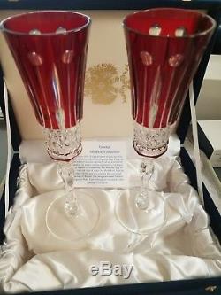 Faberge Ruby Red Cut to Clear Crystal Champagne Wine Glasses with original box