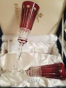 Faberge Ruby Red Cut to Clear Crystal Champagne Wine Glasses with original box