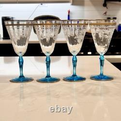 Fostoria Stem WithDelphinna Etch & Duchess Gold Band Pattern Wine Glasses Set Of 4