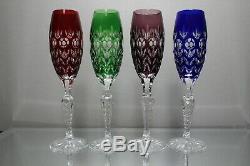 Four (4) AJKA Florderis Bohemian Cut to Clear Wine Crystal Champagne Flutes MINT