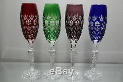 Four (4) AJKA Florderis Bohemian Cut to Clear Wine Crystal Champagne Flutes MINT