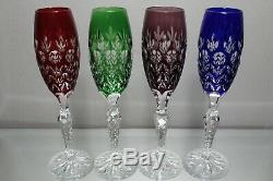 Four (4) AJKA Florderis Bohemian Cut to Clear Wine Crystal Champagne Flutes MINT