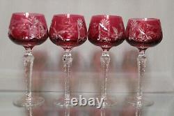 Four (4) Imperial Crystal Bohemian Bayel Cranberry Cut Wine Hock Glasses MINT