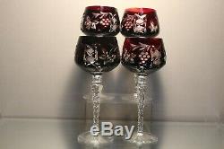 Four (4) Ruby Red Cut To Clear Crystal Wine Hocks Lausitzer Nachtmann Traube