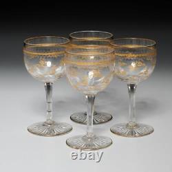 Four Antique French Etched Clear Glass Gold Inlay Crystal Cut Wine Glasses, 5 A