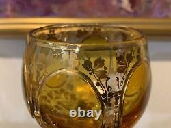 French Amber Cut-to-Clear Gold Foil Crystal Wine Goblets Set Of 5 MINT