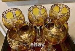 French Amber Cut-to-Clear Gold Foil Crystal Wine Goblets Set Of 5 MINT