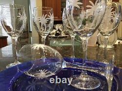 Gorgeous Set of 6 Handblown/Sand Etched Palm Tree Crystal Wine Glasses 7 7/8 T