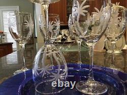 Gorgeous Set of 6 Handblown/Sand Etched Palm Tree Crystal Wine Glasses 7 7/8 T