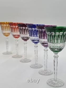 Gourgeous Set Of 6 Colorful Cut to Clear Crystal 8 3/4 Tall Hock Wine Glasses