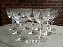 Great ANTIQUE Vtg Set of 9 TIFFIN CUT Crystal MADIERA Pattern WINE GLASSES Glass