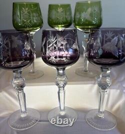 HORTENSJA / HORTENSIA 6 PC. Cut To Clear Crystal Wine Glasses Purple Green