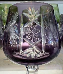 HORTENSJA / HORTENSIA 6 PC. Cut To Clear Crystal Wine Glasses Purple Green