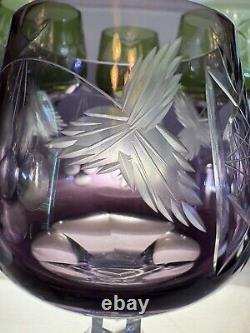 HORTENSJA / HORTENSIA 6 PC. Cut To Clear Crystal Wine Glasses Purple Green