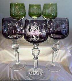 HORTENSJA / HORTENSIA 6 PC. Cut To Clear Crystal Wine Glasses Purple Green