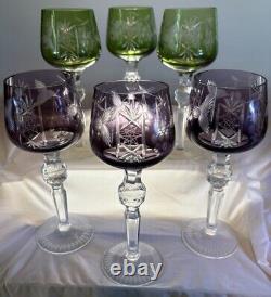 HORTENSJA / HORTENSIA 6 PC. Cut To Clear Crystal Wine Glasses Purple Green