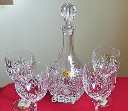 Handmade Block 24% Lead Crystal Wine Decanter withStopper and 4 Wine Glasses NIB