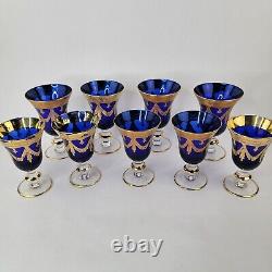 Interglass Italy Cobalt Blue Italian Crystal Wine Glasses, 4 large and 5 Small