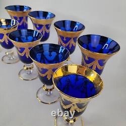 Interglass Italy Cobalt Blue Italian Crystal Wine Glasses, 4 large and 5 Small
