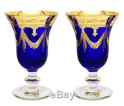 Interglass Italy Set of 2 Crystal Blue Wine Goblets, 24K Gold-Plated Glasses