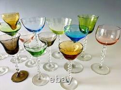 LOT of 14 Vintage Crystal Twisted Stem Colored Wine Cordial Champagne glasses