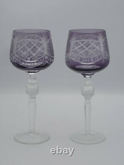 LOT of 2 ANTIQUE AMETHYST COLOR CUT TO CLEAR CUT CRYSTAL HOCK STEM WINE GOBLETS