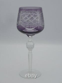 LOT of 2 ANTIQUE AMETHYST COLOR CUT TO CLEAR CUT CRYSTAL HOCK STEM WINE GOBLETS