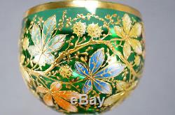 Late 19th Century Moser Emerald Crystal Hand Enameled Sweetgum Tree Hock Wine