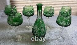 Lausitzer 6 Wine Glasses & Decanter Emerald Green To Clear Crystal Bohemian Set