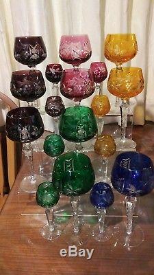 Lausitzer Crystal Cut To Clear Purple Green Blue Wine Hock Glass 8 Set Lot 10
