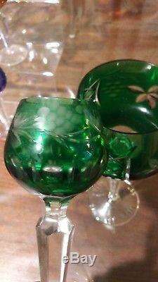 Lausitzer Crystal Cut To Clear Purple Green Blue Wine Hock Glass 8 Set Lot 10