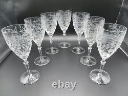 Libbey Rock Sharpe Anniversary Etched Crystal Wine Glasses Set 7 7 3/4 Tall