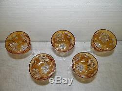 Lot Of 5 Ajka Cut To Clear Crystal Wine Glasses Yellow Flowers